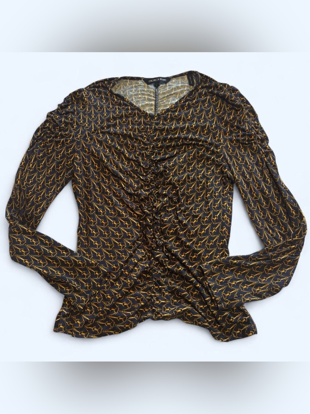 Veronica Beard Neeta Top L Ruched V-Neck Horsebit Stirrup Print Stretch